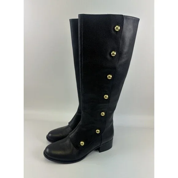 Michael Michael Kors Maisie Knee High Boot Black Leather Pebbled Gold Button 7.5 - Picture 2 of 15